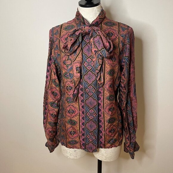 Vintage Womens Bow Blouse Size 6 Pure Rayon Button Front Neck Tie Matte Finish - Picture 16 of 16